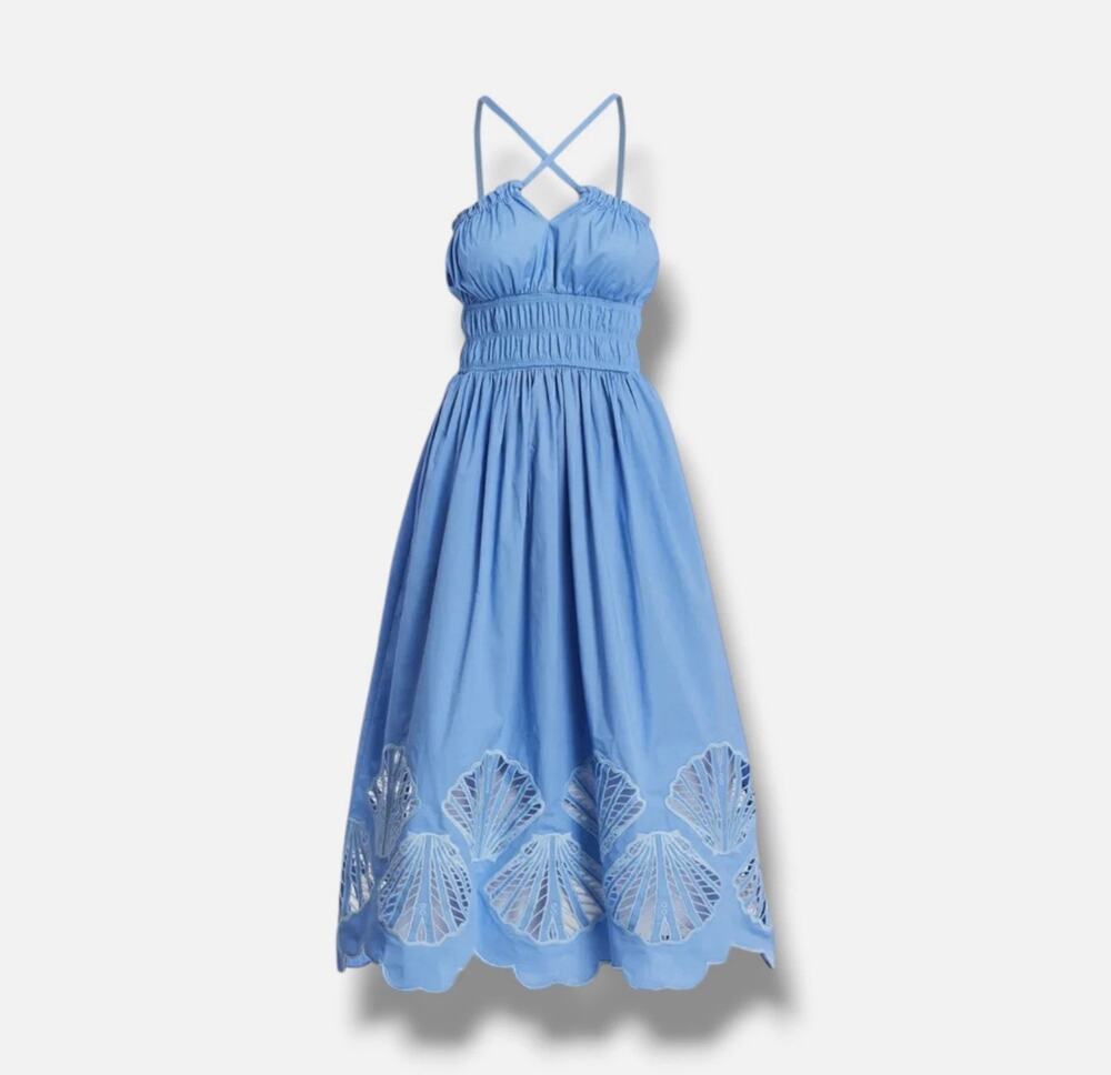 Mestiza New York Women Blue Spritz Smocked Seashell Cutout MIDI Dress Size xs